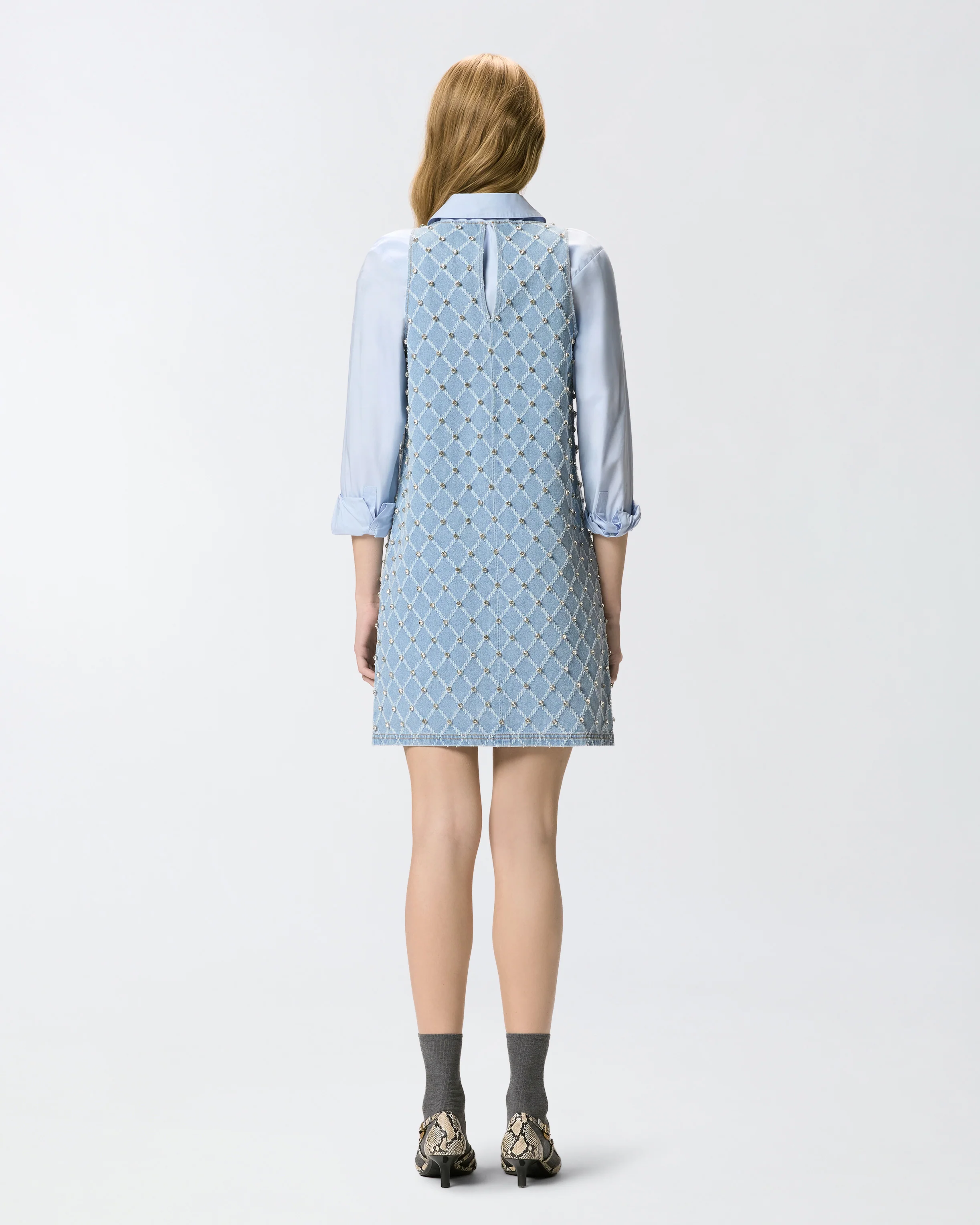 Abito corto in denim con disegno rombi e strass - Image 3