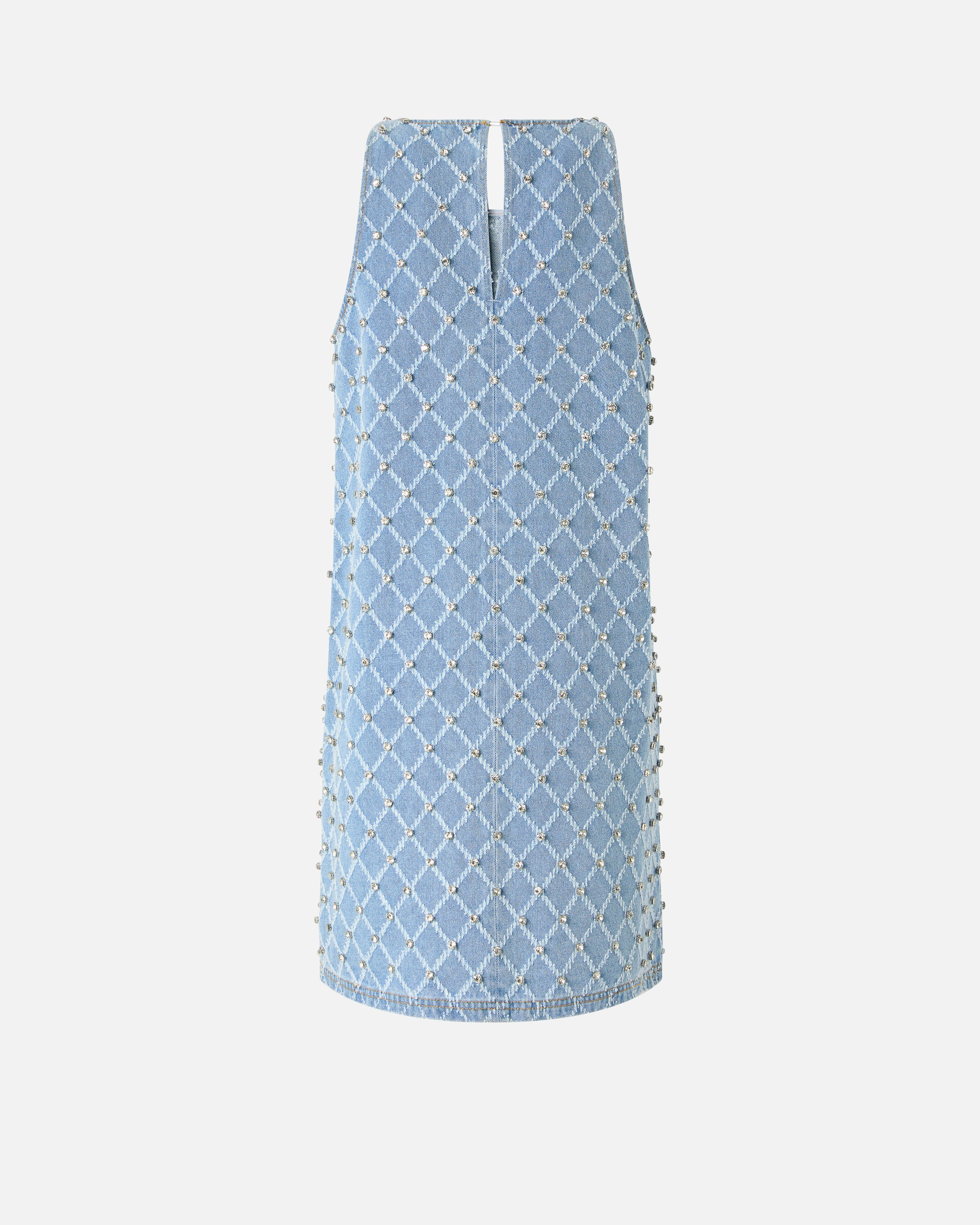 Abito corto in denim con disegno rombi e strass - Image 6