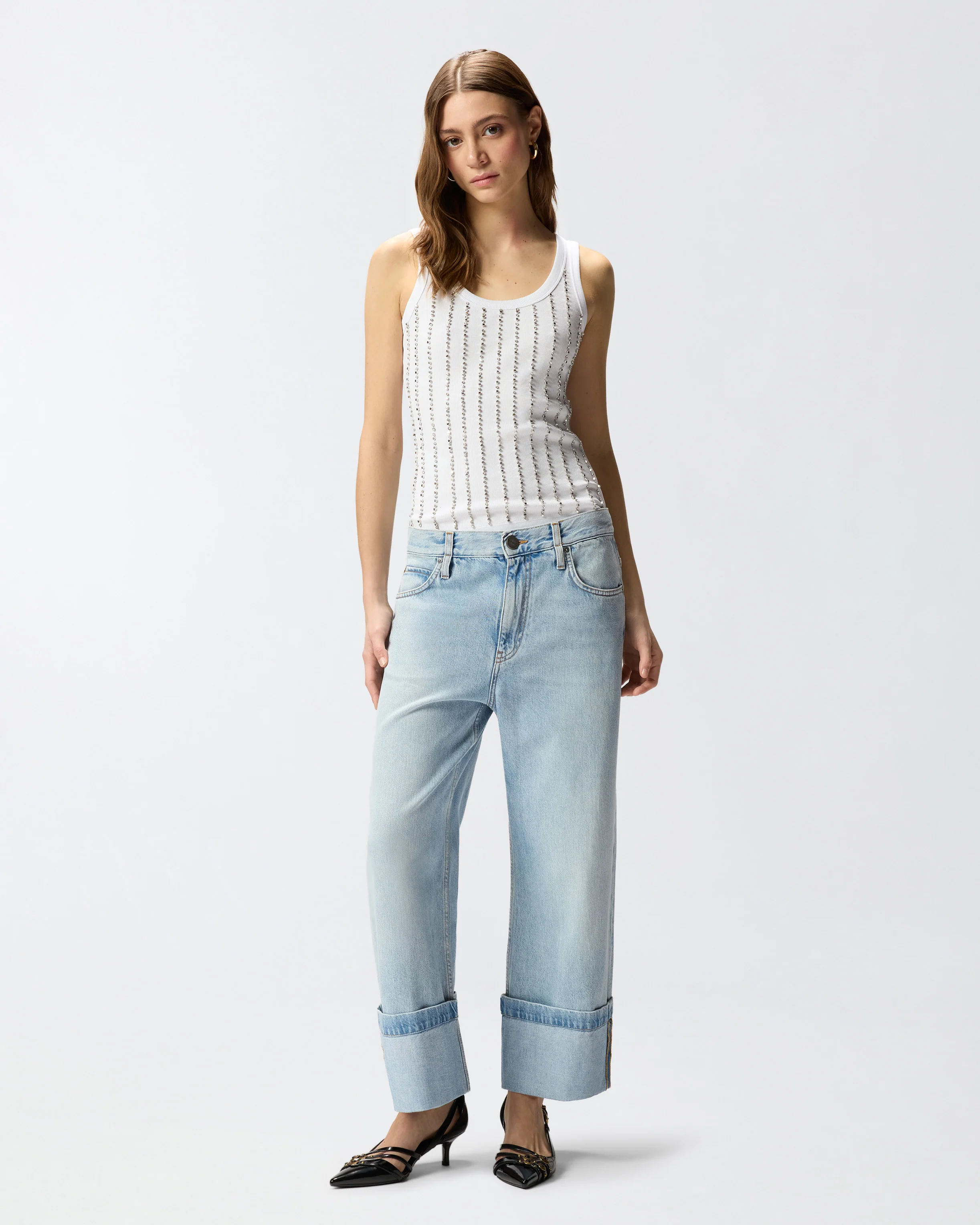 Jeans cropped con cintura in pelle - Image 5