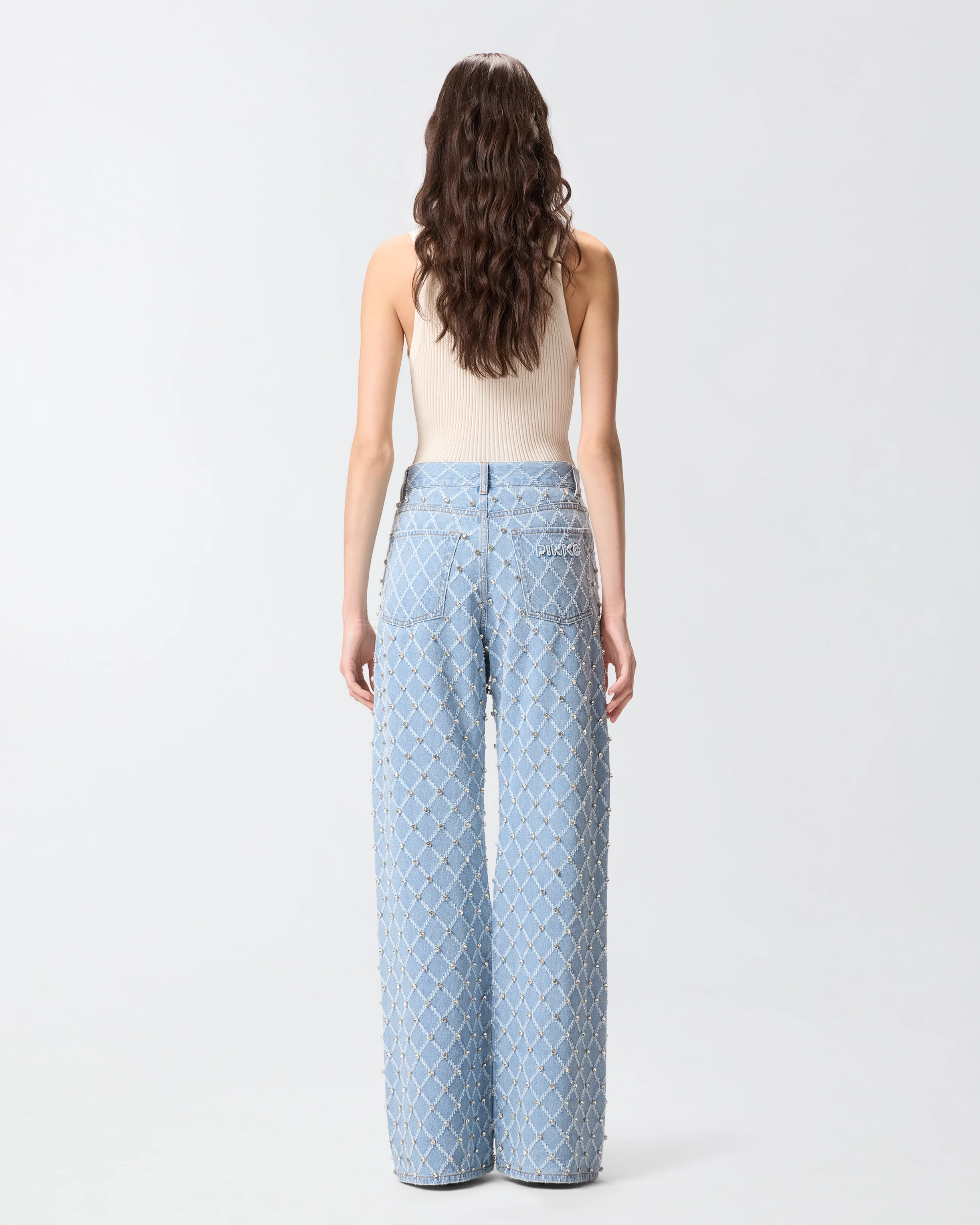 Jeans wide leg con disegno rombi e strass - Image 3